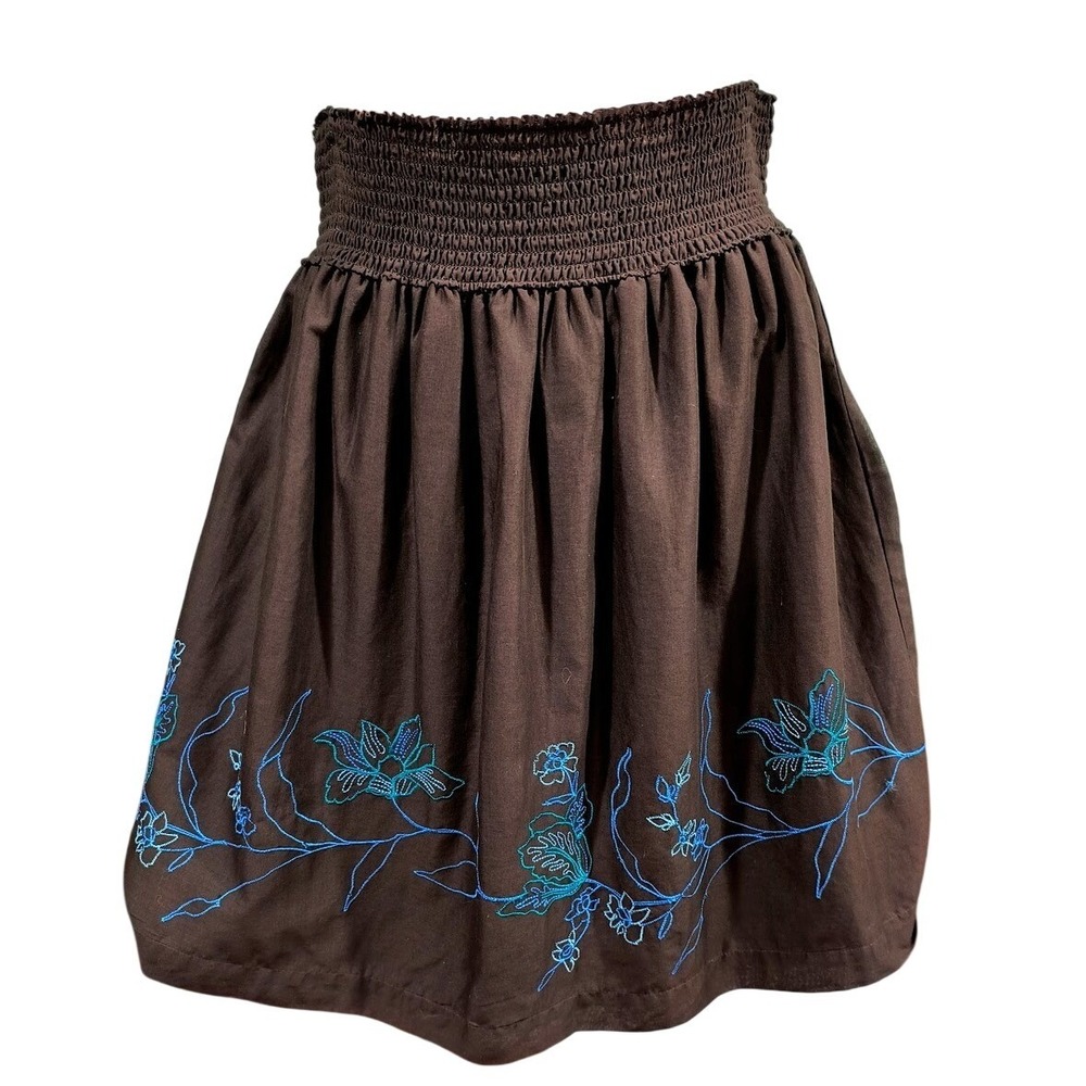 Liz Claiborne Brown Smocked Waist Embroidered Mini Skirt Sz M                  M